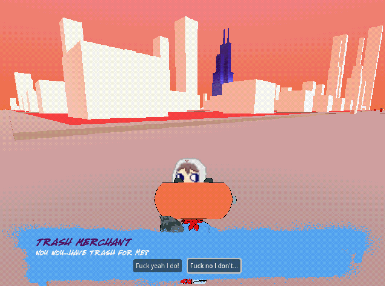 Dumpster Drive screenshot of talking to the Trash Merchant