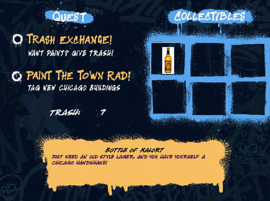 Dumpster Drive screenshot of inventory with quest and a bottle of malort